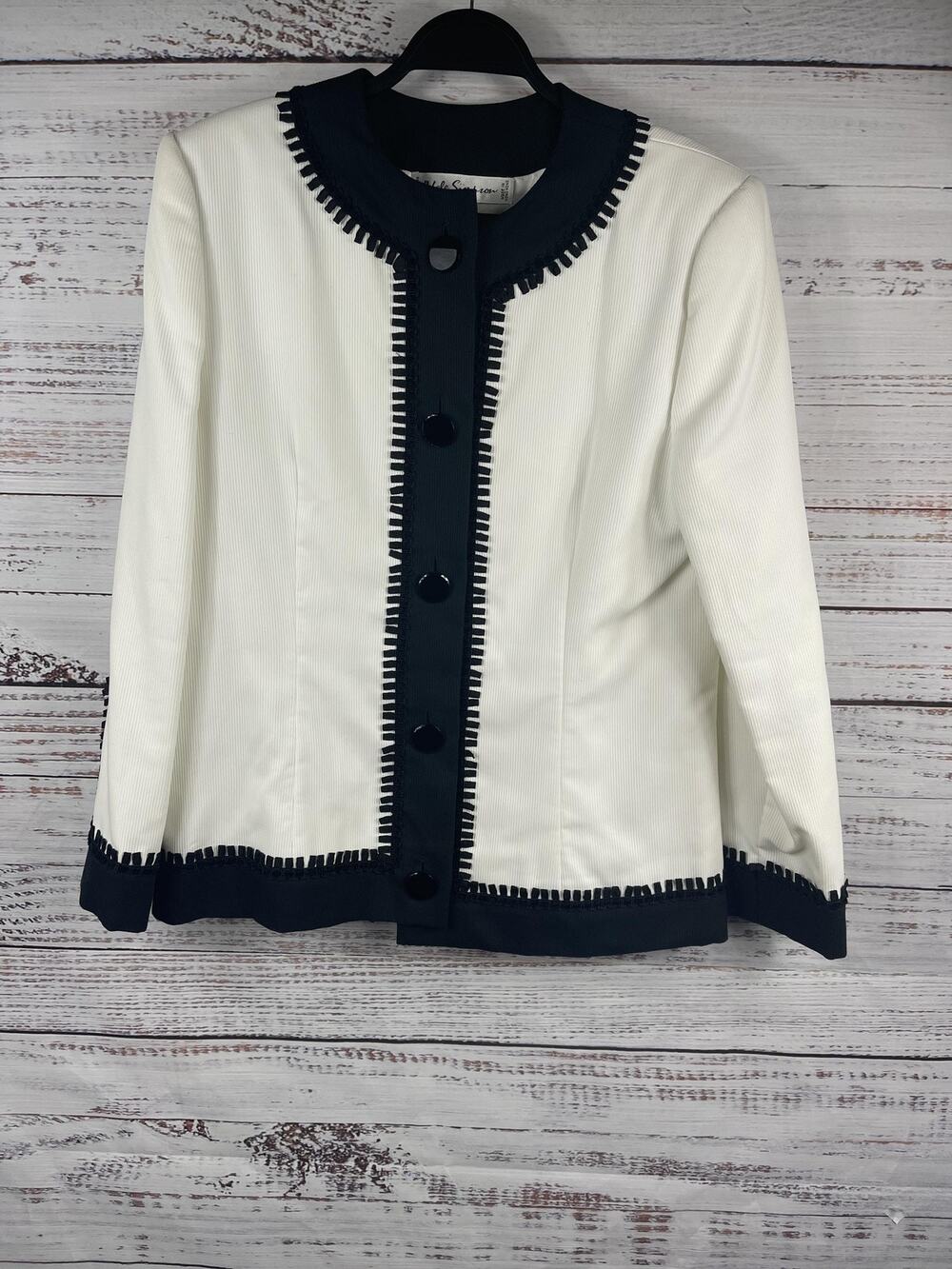 Vintage Adele Simpson Jacket Womens Size 14 White Black Contrast Trim Button 90s